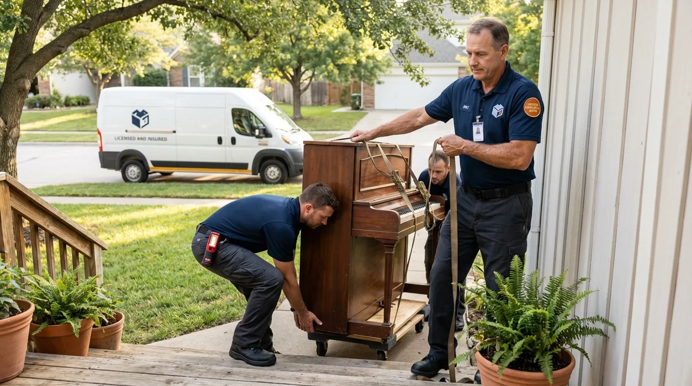 Licensed piano movers securing grand piano in Hermiston, OR