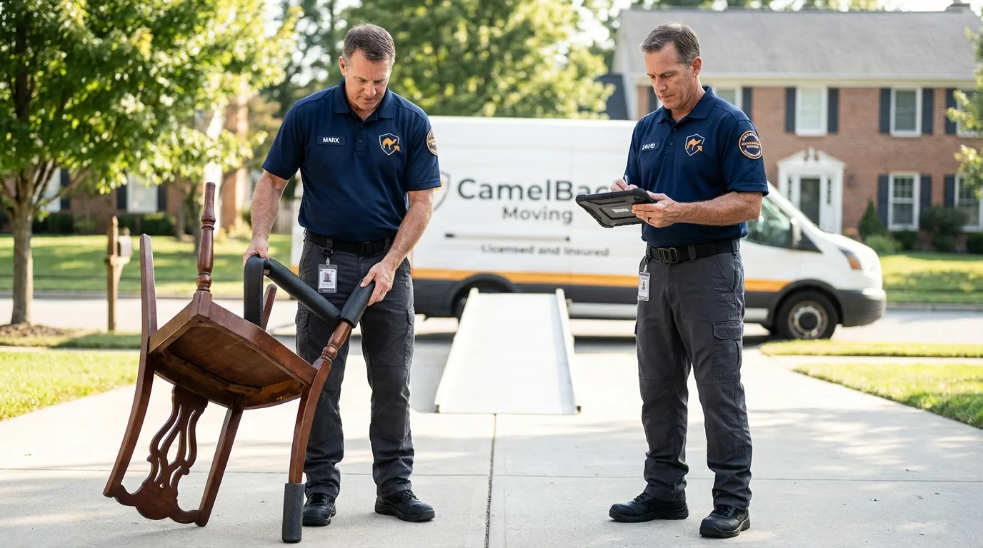 Movers inspecting furniture for damage prevention before loading in Hermiston, OR